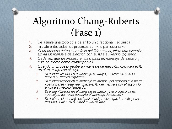 Algoritmo Chang-Roberts (Fase 1) 1. 2. 3. 4. 5. Se asume una topología de