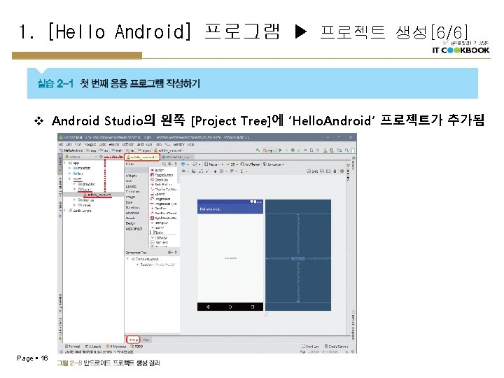 1. [Hello Android] 프로그램 ▶ 프로젝트 생성[6/6] v Android Studio의 왼쪽 [Project Tree]에 ‘Hello.