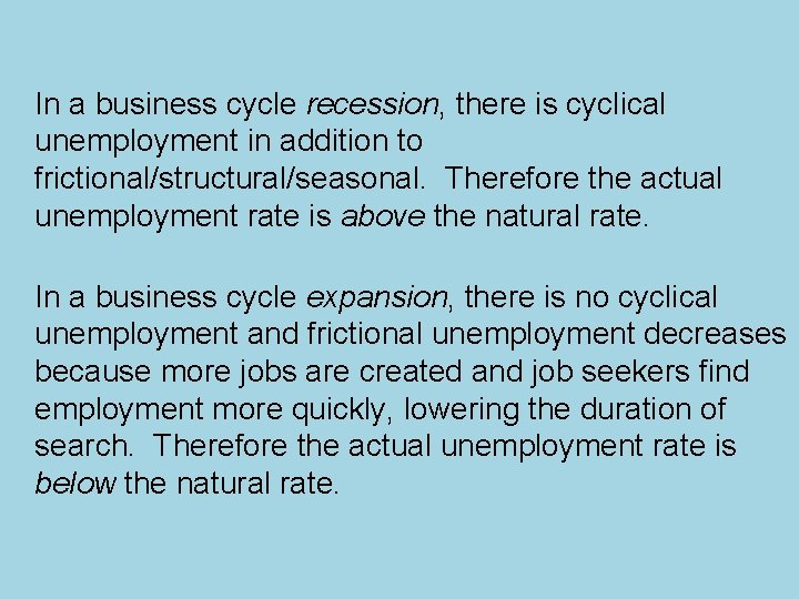 In a business cycle recession, there is cyclical unemployment in addition to frictional/structural/seasonal. Therefore