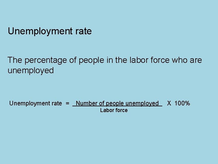Unemployment rate The percentage of people in the labor force who are unemployed Unemployment
