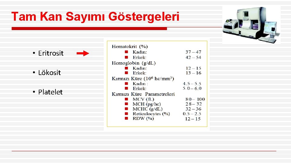 Tam Kan Sayımı Göstergeleri • Eritrosit • Lökosit • Platelet 