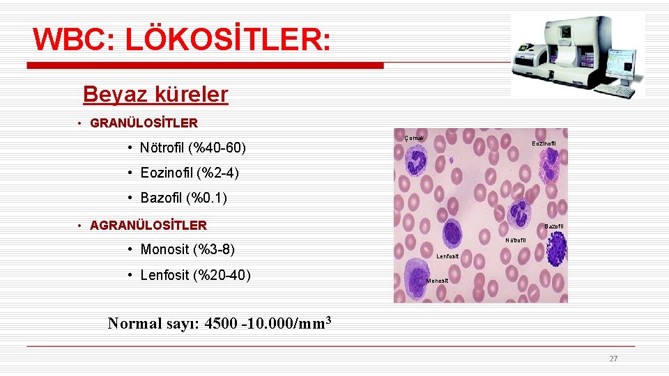 WBC: LÖKOSİTLER: Beyaz küreler • GRANÜLOSİTLER • Nötrofil (%40 -60) Çomak Eozinofil • Eozinofil