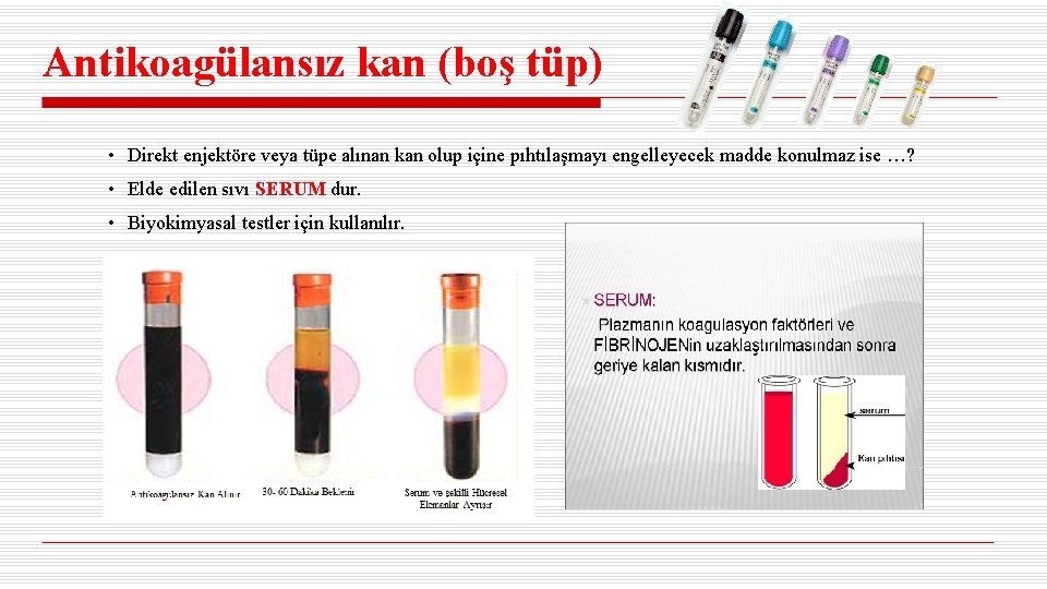Antikoagülansız kan (boş tüp) • Direkt enjektöre veya tüpe alınan kan olup içine pıhtılaşmayı