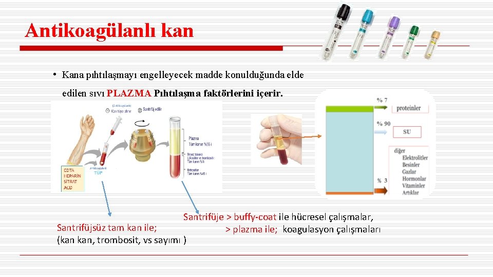Antikoagülanlı kan • Kana pıhtılaşmayı engelleyecek madde konulduğunda elde edilen sıvı PLAZMA Pıhtılaşma faktörlerini