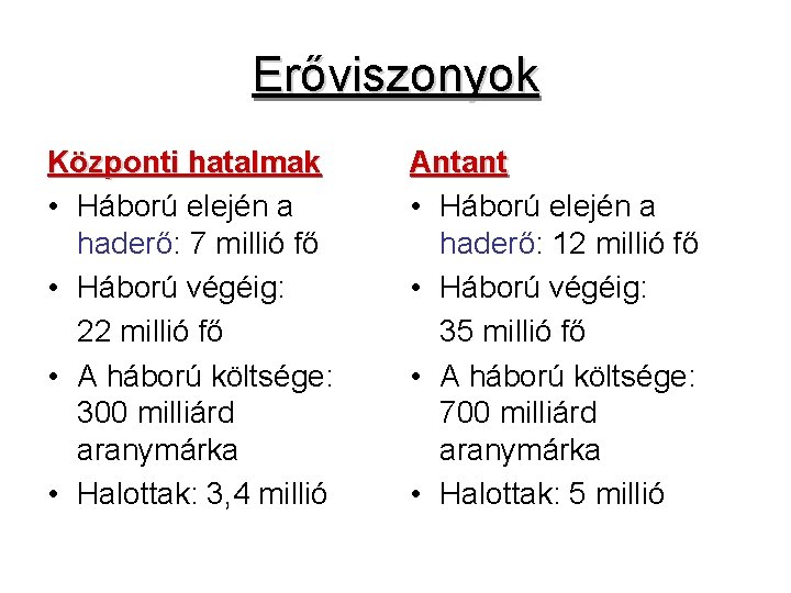 Erőviszonyok Központi hatalmak • Háború elején a haderő: 7 millió fő • Háború végéig: