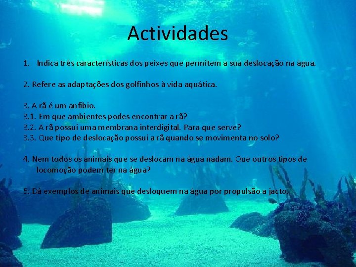 Actividades 1. Indica três características dos peixes que permitem a sua deslocação na água.