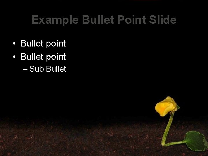 Example Bullet Point Slide • Bullet point – Sub Bullet 