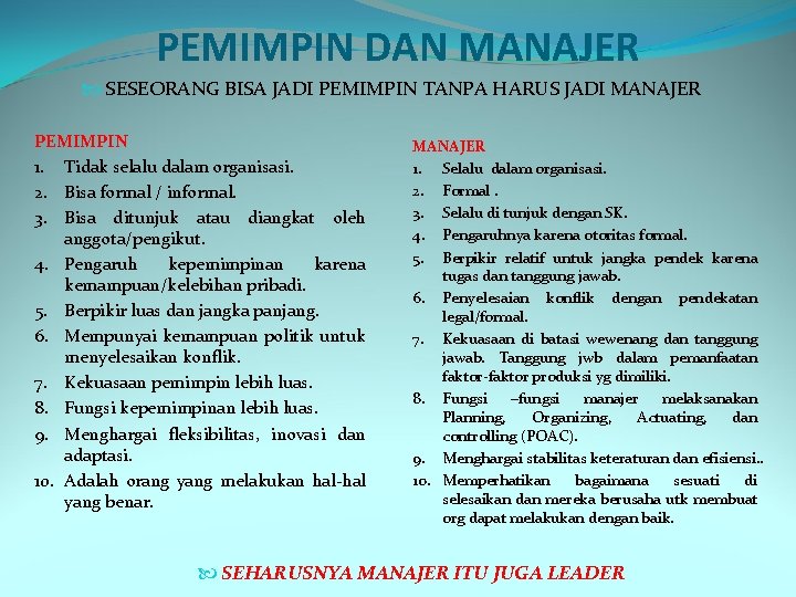 PEMIMPIN DAN MANAJER SESEORANG BISA JADI PEMIMPIN TANPA HARUS JADI MANAJER PEMIMPIN 1. Tidak