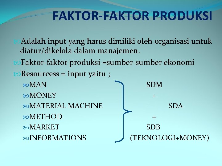 FAKTOR-FAKTOR PRODUKSI Adalah input yang harus dimiliki oleh organisasi untuk diatur/dikelola dalam manajemen. Faktor-faktor