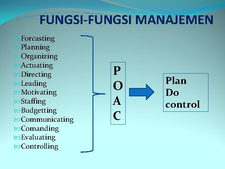 FUNGSI-FUNGSI MANAJEMEN Forcasting Planning Organizing Actuating Directing Leading Motivating Staffing Budgetting Communicating Comanding Evaluating