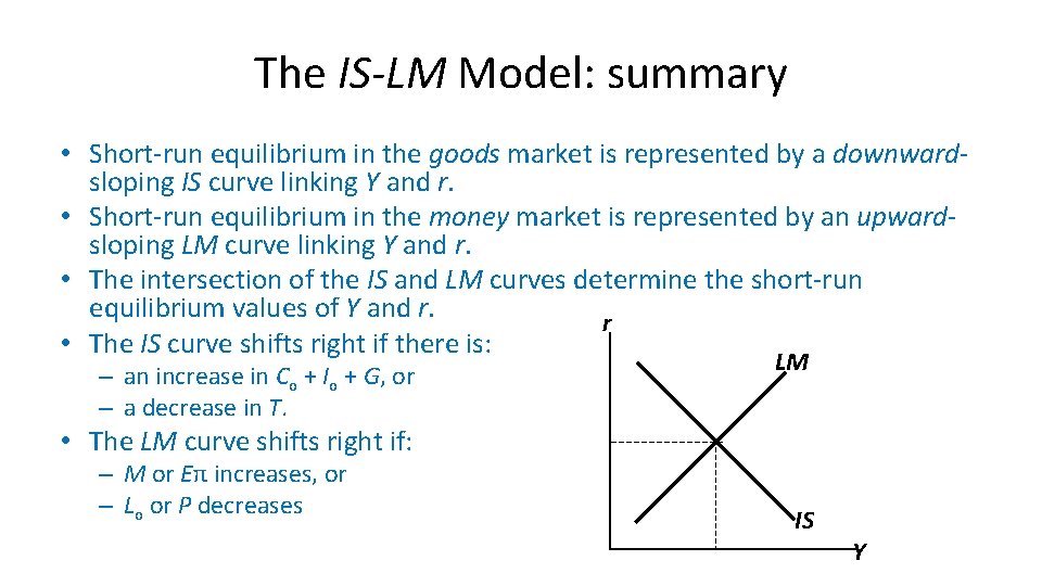 The IS-LM Model: summary • Short-run equilibrium in the goods market is represented by
