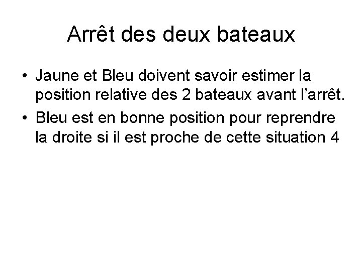 Arrêt des deux bateaux • Jaune et Bleu doivent savoir estimer la position relative