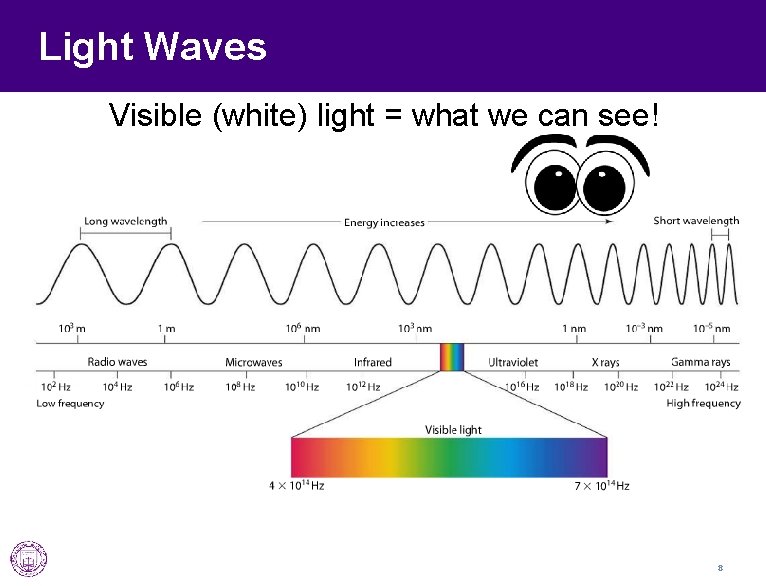 Light Waves Visible (white) light = what we can see! 8 