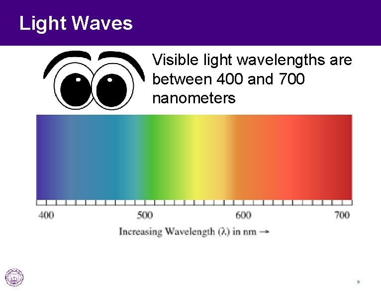Light Waves Visible light wavelengths are between 400 and 700 nanometers 9 
