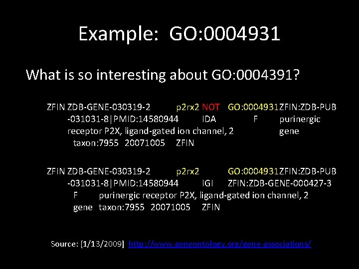 Example: GO: 0004931 What is so interesting about GO: 0004391? ZFIN ZDB-GENE-030319 -2 p