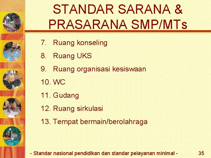 STANDAR SARANA & PRASARANA SMP/MTs 7. Ruang konseling 8. Ruang UKS 9. Ruang organisasi