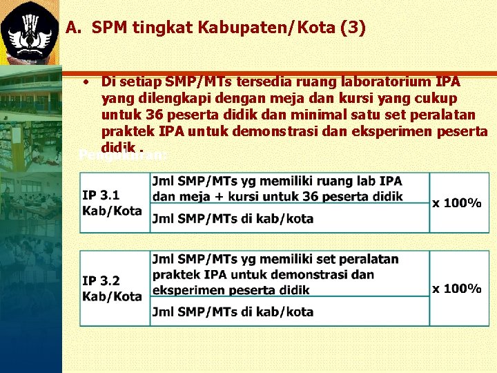 A. SPM tingkat Kabupaten/Kota (3) • Di setiap SMP/MTs tersedia ruang laboratorium IPA yang