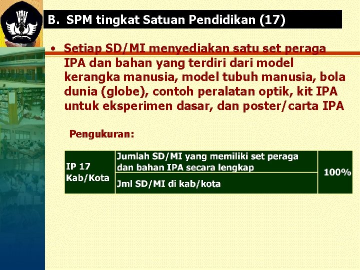 B. SPM tingkat Satuan Pendidikan (17) • Setiap SD/MI menyediakan satu set peraga IPA
