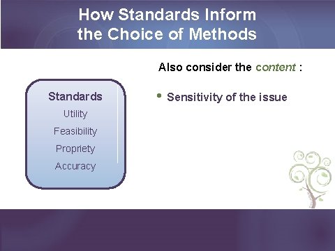 How Standards Inform the Choice of Methods Also consider the content : Standards Utility