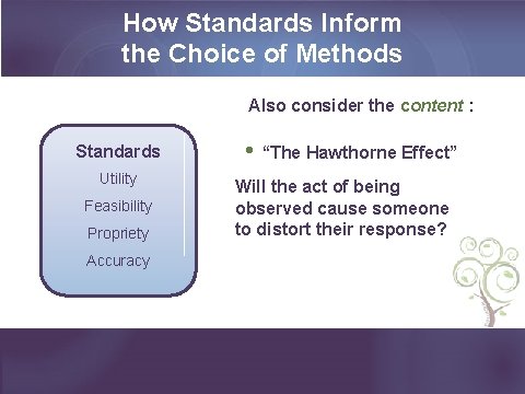 How Standards Inform the Choice of Methods Also consider the content : Standards Utility