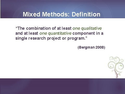 Mixed Methods: Definition “The combination of at least one qualitative and at least one