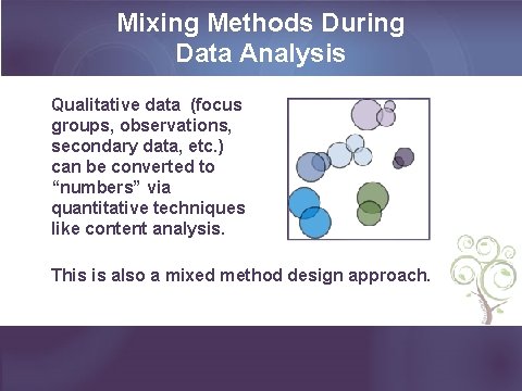 Mixing Methods During Data Analysis Qualitative data (focus groups, observations, secondary data, etc. )