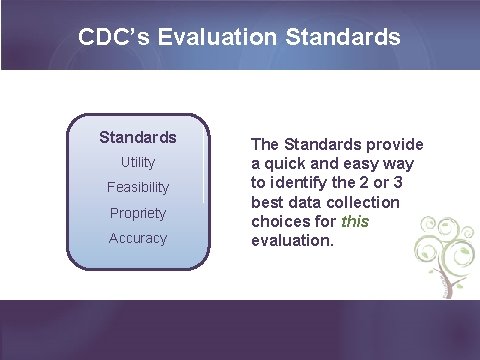 CDC’s Evaluation Standards Utility Feasibility Propriety Accuracy The Standards provide a quick and easy