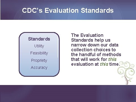 CDC’s Evaluation Standards Utility Feasibility Propriety Accuracy The Evaluation Standards help us narrow down