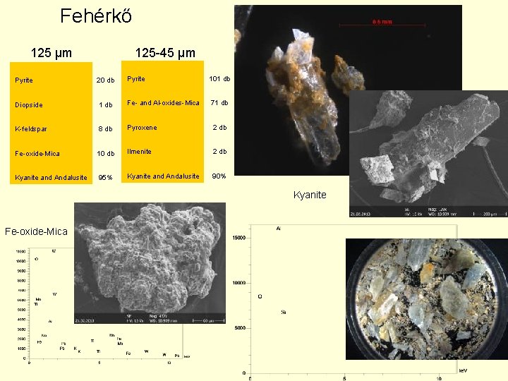 Fehérkő 125 µm 125 -45 µm Pyrite 20 db Pyrite 101 db Diopside 1