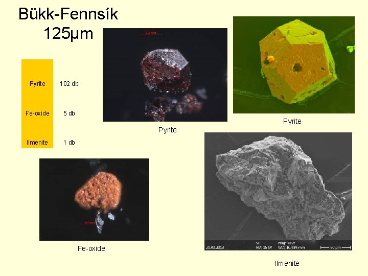 Bükk-Fennsík 125µm Pyrite 102 db Fe-oxide 5 db Pyrite Ilmenite 1 db Fe-oxide Ilmenite