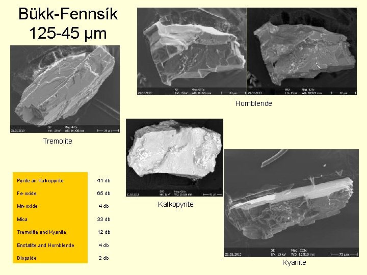 Bükk-Fennsík 125 -45 µm Hornblende Tremolite Pyrite an Kalkopyrite 41 db Fe-oxide 65 db