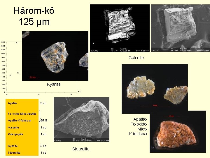 Három-kő 125 µm Galenite Kyanite Apatite 3 db Fe-oxide-Mica-Apatite-K-feldspar 95 % Galenite 1 db