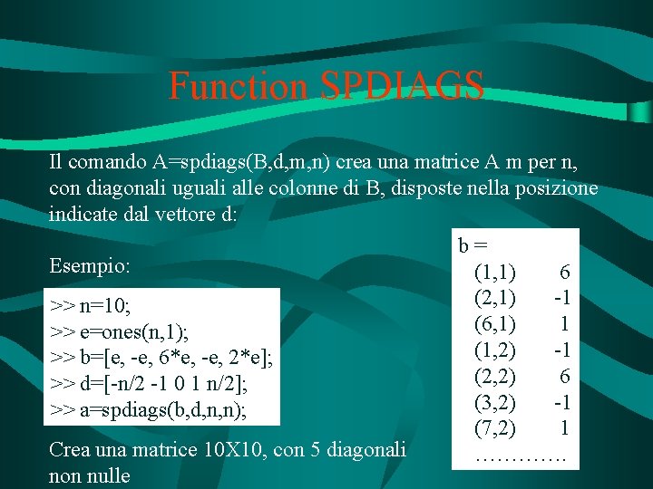 Function SPDIAGS Il comando A=spdiags(B, d, m, n) crea una matrice A m per