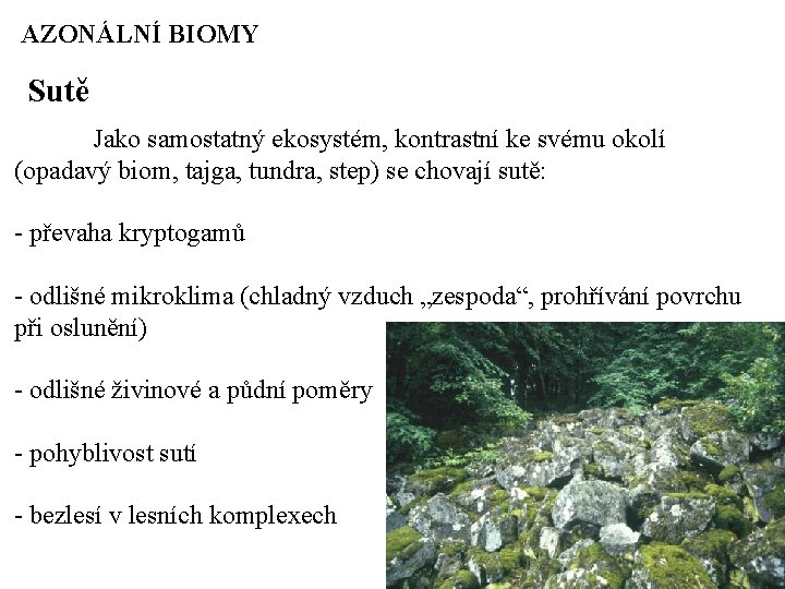 AZONÁLNÍ BIOMY Sutě Jako samostatný ekosystém, kontrastní ke svému okolí (opadavý biom, tajga, tundra,