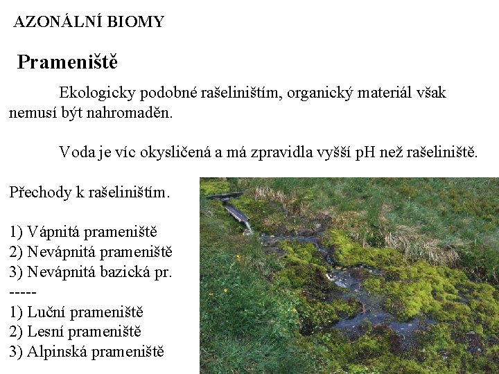 AZONÁLNÍ BIOMY Prameniště Ekologicky podobné rašeliništím, organický materiál však nemusí být nahromaděn. Voda je