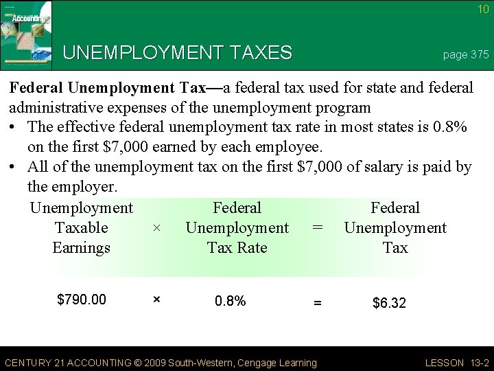 10 UNEMPLOYMENT TAXES page 375 Federal Unemployment Tax—a federal tax used for state and