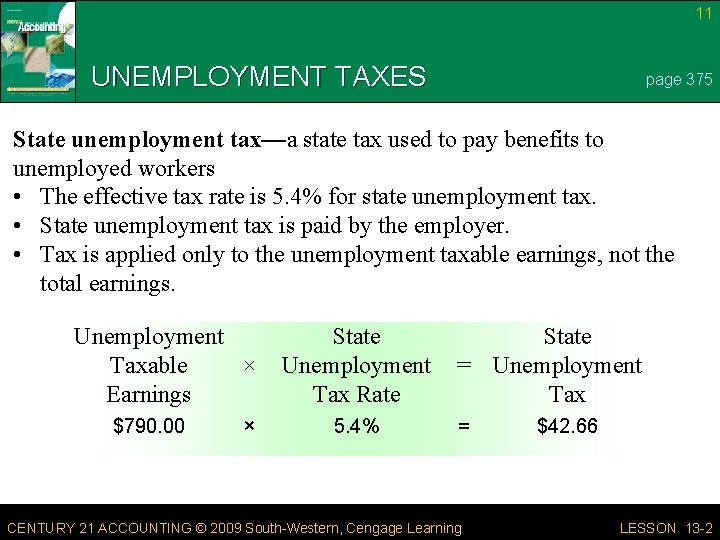 11 UNEMPLOYMENT TAXES page 375 State unemployment tax—a state tax used to pay benefits