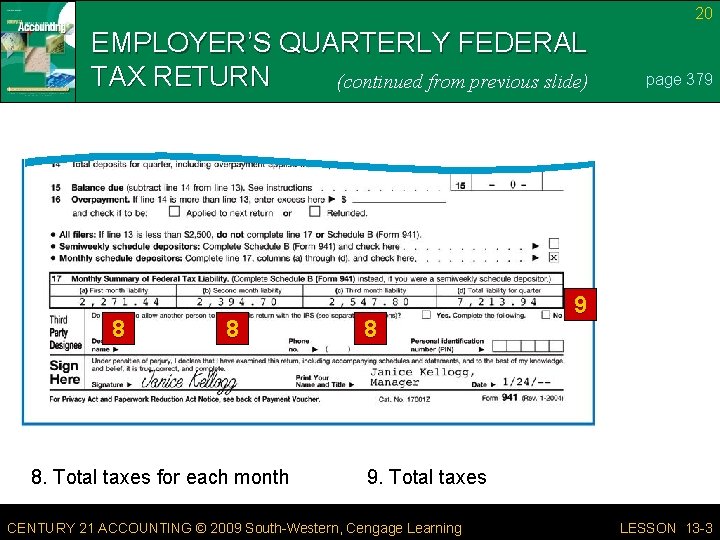 20 EMPLOYER’S QUARTERLY FEDERAL TAX RETURN (continued from previous slide) 8 8 8. Total