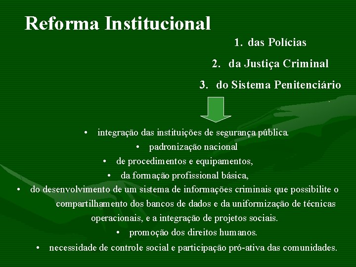 Reforma Institucional 1. das Polícias 2. da Justiça Criminal 3. do Sistema Penitenciário •