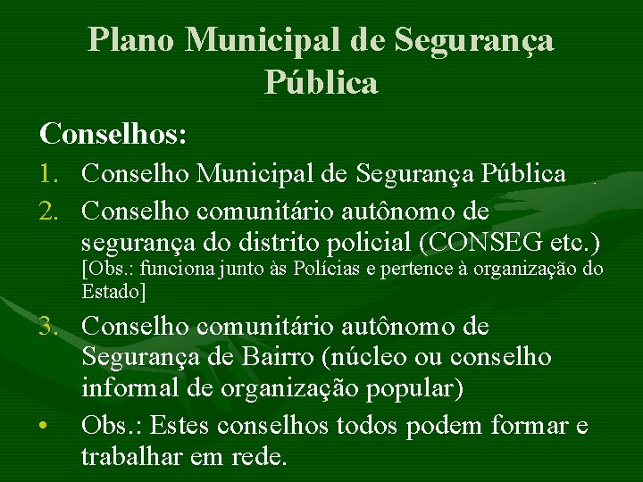 Plano Municipal de Segurança Pública Conselhos: 1. Conselho Municipal de Segurança Pública 2. Conselho