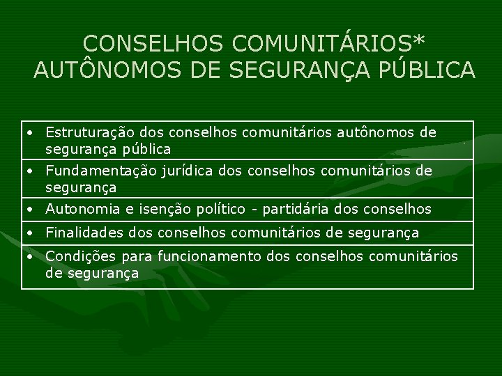 CONSELHOS COMUNITÁRIOS* AUTÔNOMOS DE SEGURANÇA PÚBLICA Estruturação dos conselhos comunitários autônomos de segurança pública