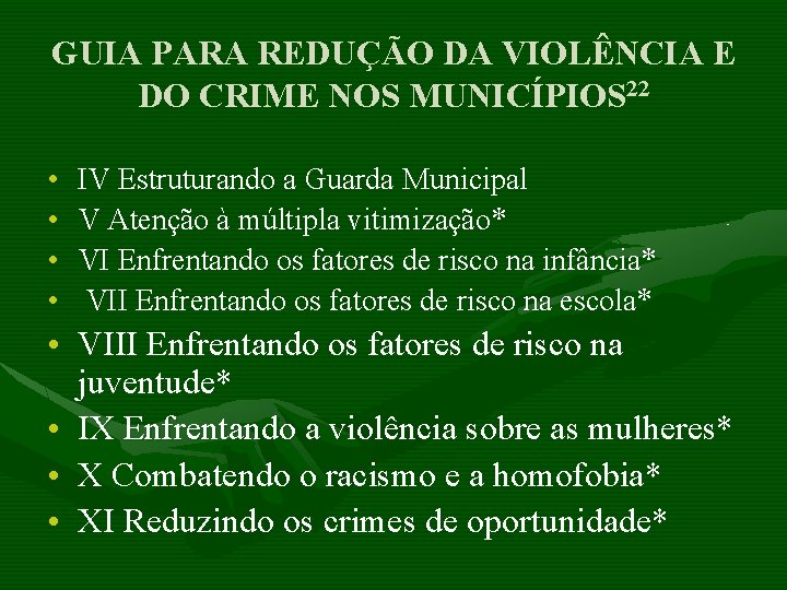 GUIA PARA REDUÇÃO DA VIOLÊNCIA E DO CRIME NOS MUNICÍPIOS 22 • • IV