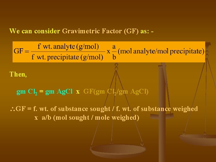 We can consider Gravimetric Factor (GF) as: - Then, gm Cl 2 = gm