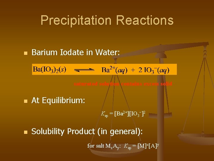 Precipitation Reactions n Barium Iodate in Water: saturated solution contains excess solid n At