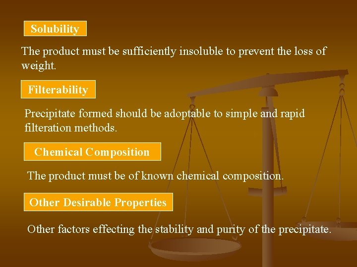 Solubility The product must be sufficiently insoluble to prevent the loss of weight. Filterability
