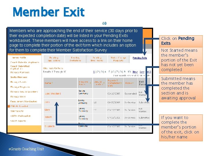 Member Exit 40 Members who are approaching the end of their service (30 days