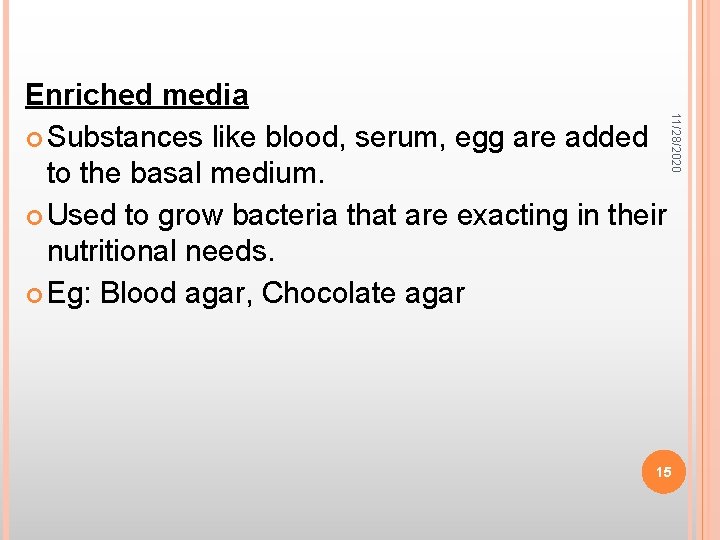 11/28/2020 Enriched media Substances like blood, serum, egg are added to the basal medium.