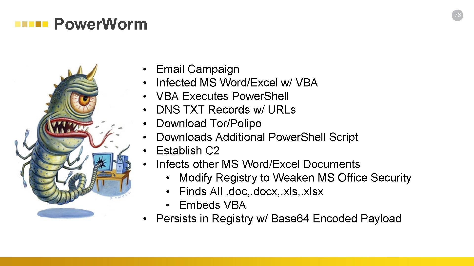 Power. Worm • • Email Campaign Infected MS Word/Excel w/ VBA Executes Power. Shell