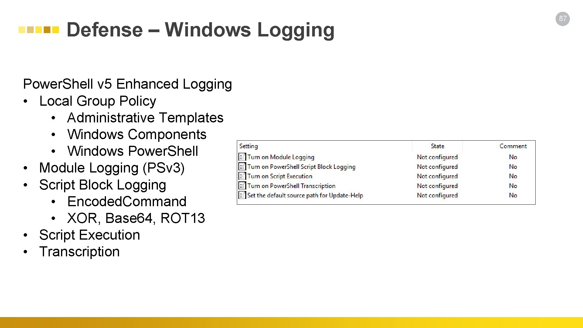 Defense – Windows Logging Power. Shell v 5 Enhanced Logging • Local Group Policy